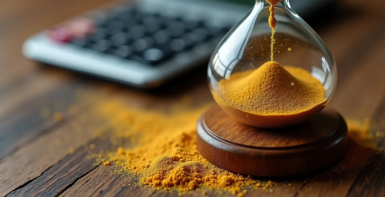 Sablier posé sur une table avec documents financiers flous en arrière-plan