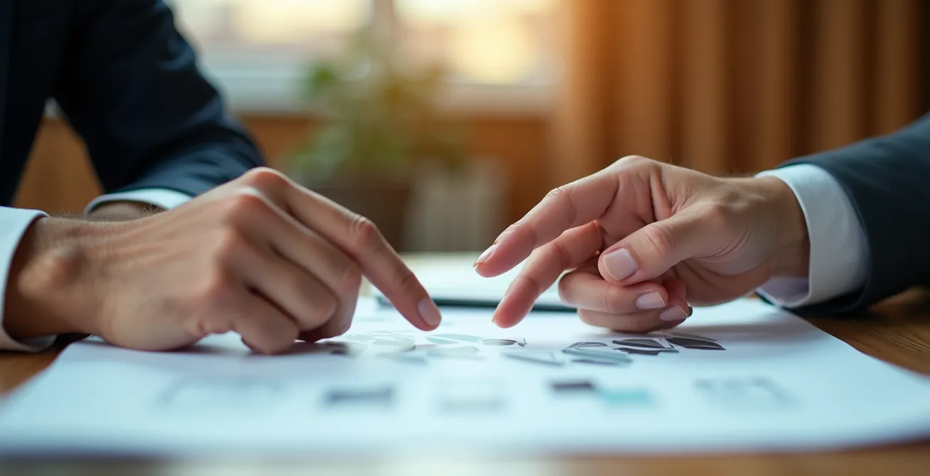 Mains d'expert guidant un client sur des documents avec gestes professionnels