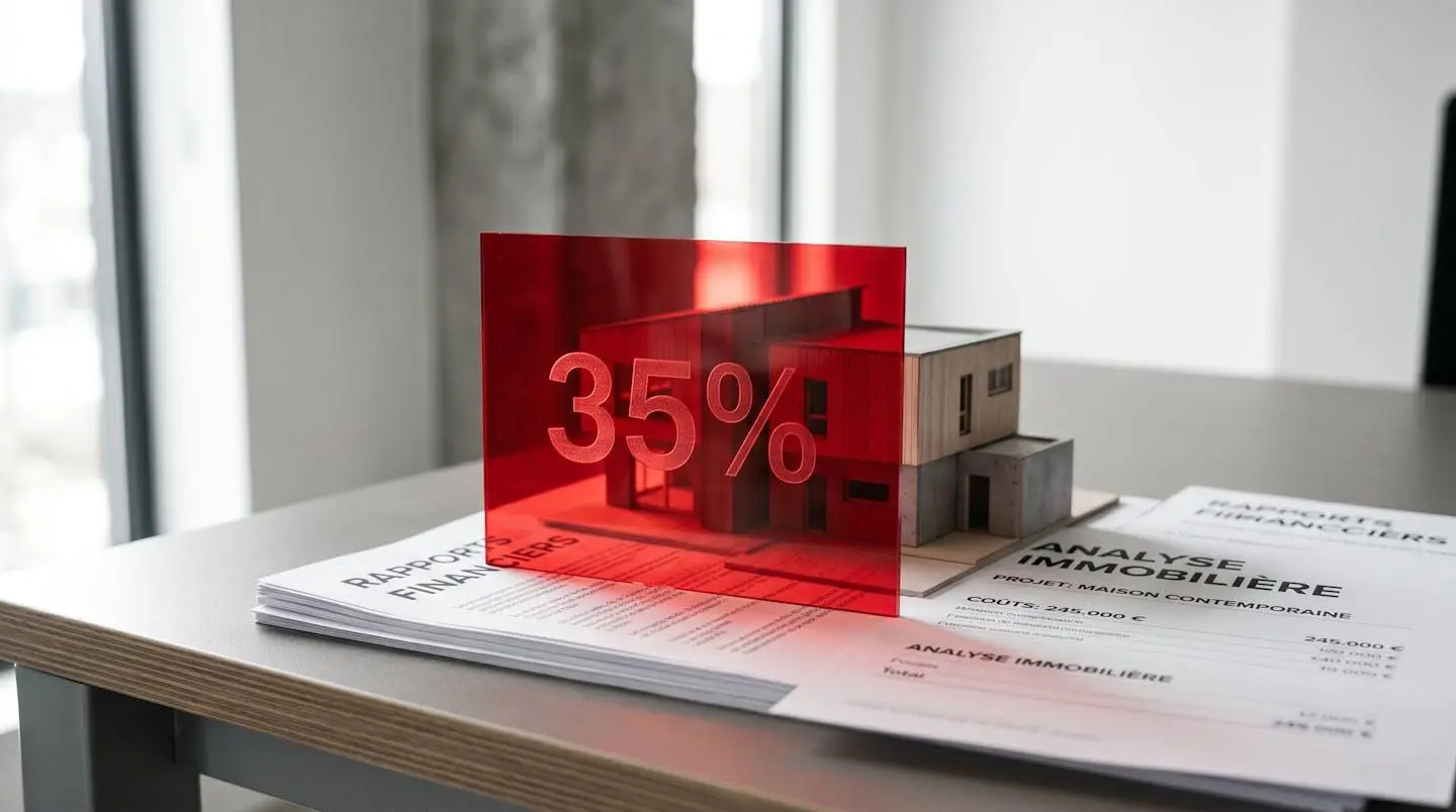 Illustration 3D isométrique montrant un personnage bloqué par une barrière rouge 35% devant une maison, avec des piles de pièces symbolisant les mensualités de crédit.