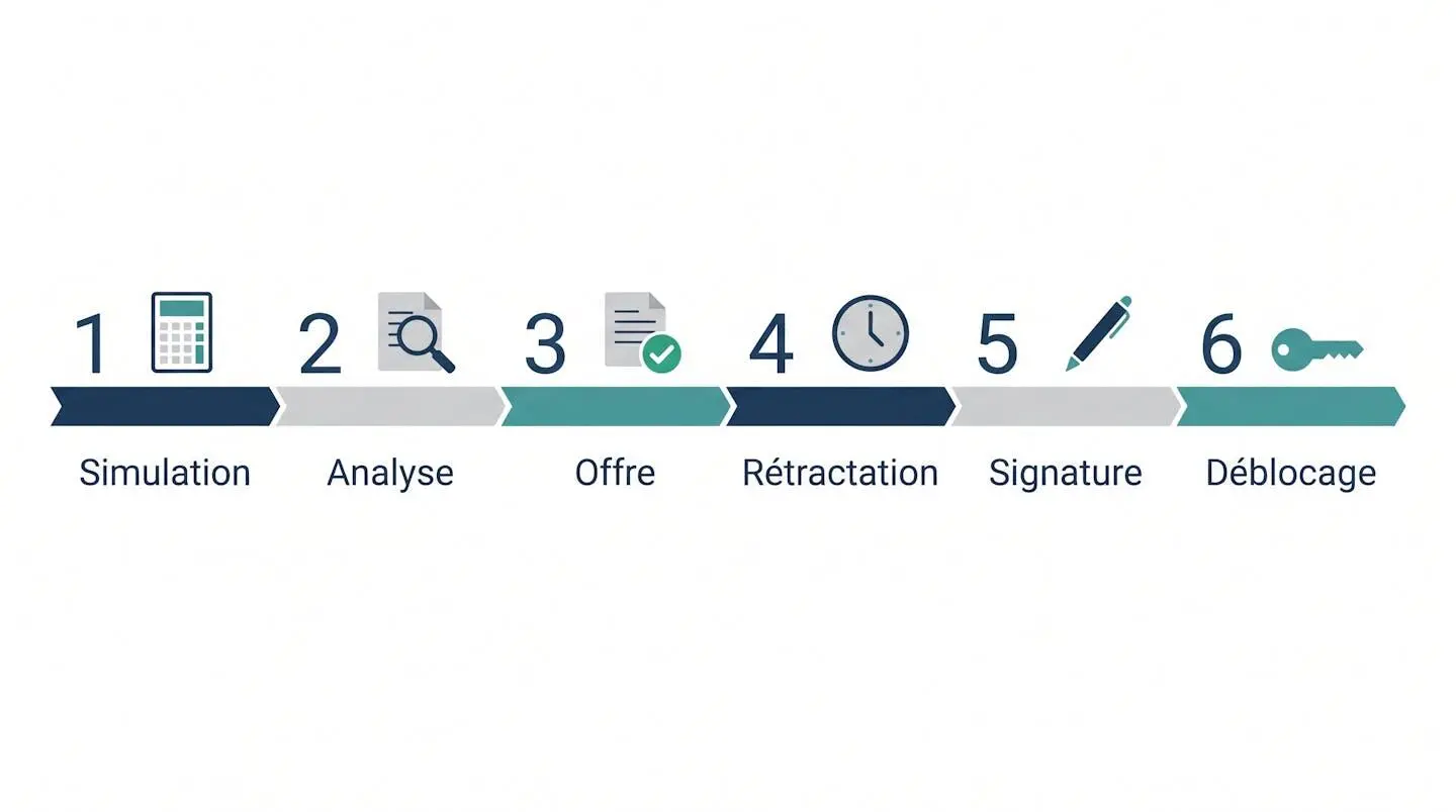 Infographie timeline plate montrant 6 étapes numérotées du processus de rachat de crédit, avec icônes minimalistes (dossier, loupe, validation, horloge, signature, maison).