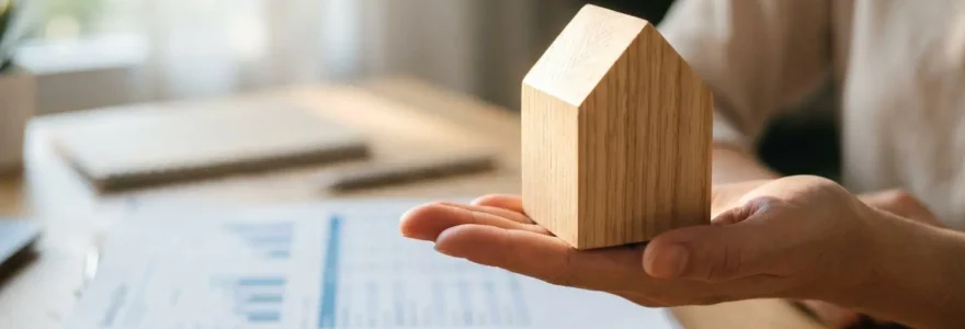 Une main tenant une maquette de maison en bois clair, éclairée par la lumière naturelle, avec des documents bancaires organisés en arrière-plan flou.
