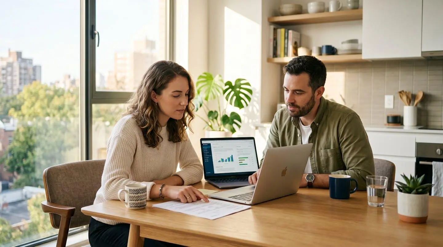 Un couple assis à une table consulte des documents financiers et un ordinateur portable avant d'acheter un appartement