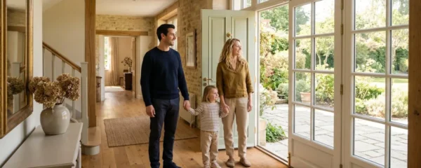 Couple avec enfant visitant une maison spacieuse et lumineuse avant achat immobilier