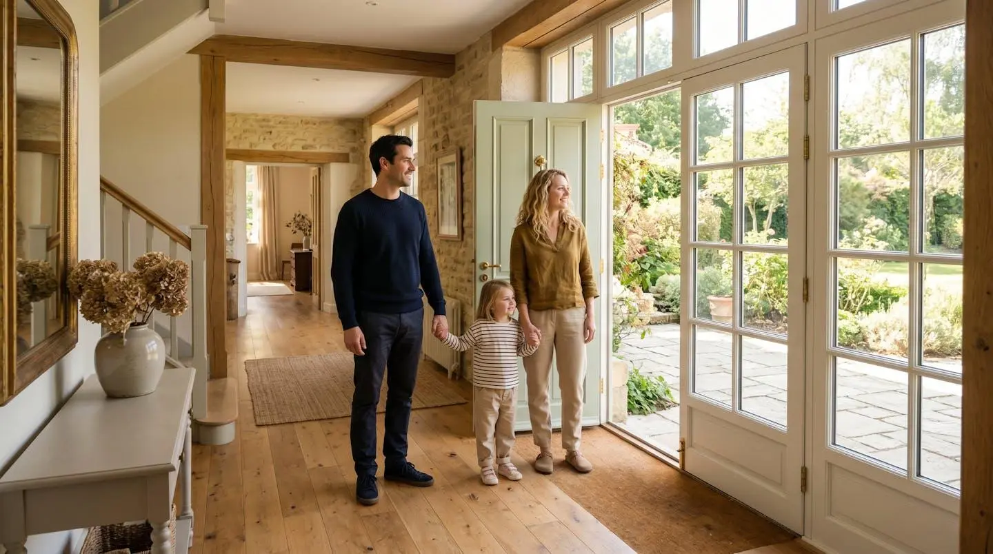 Couple avec enfant visitant une maison spacieuse et lumineuse avant achat immobilier