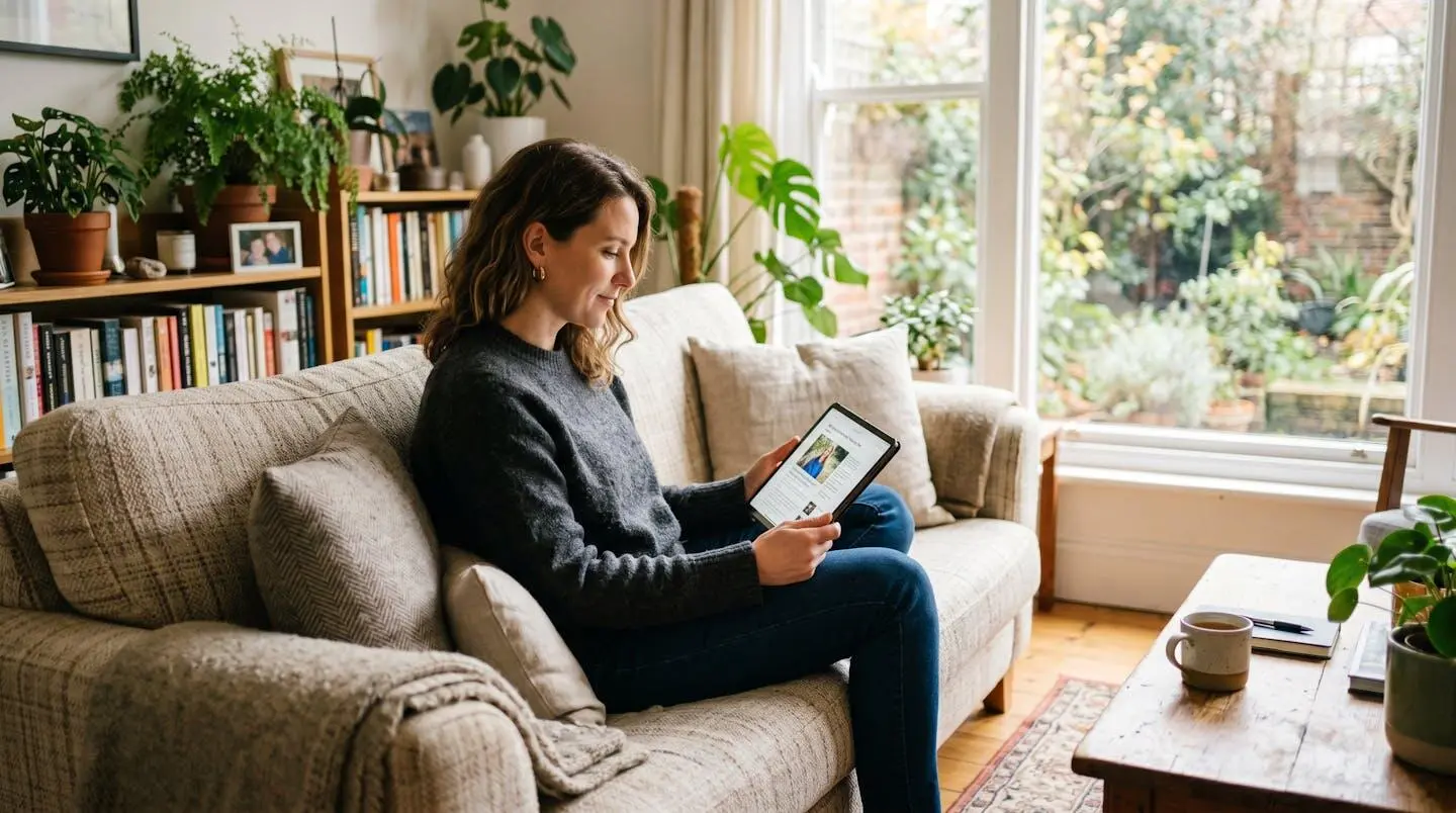 Une personne utilise une tablette pour compléter un simulateur de crédit immobilier en ligne, assise dans un salon lumineux